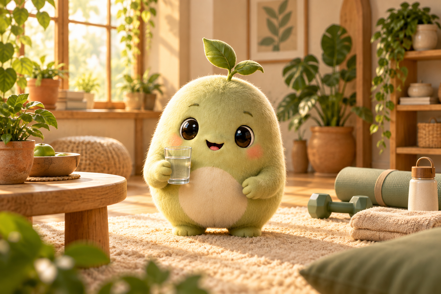 Sprout, a little plush leaf companion, in a golden sunlit room